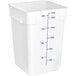 A white Choice square polypropylene food storage container with blue measurements.