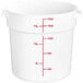 A white round Choice polypropylene food storage container with measurements on it.