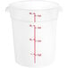 A white translucent round polypropylene bucket with red writing.