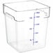 A clear square polycarbonate food storage container with blue measurements.