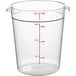 A Choice clear round polycarbonate food storage container with red measurements.