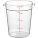 A Choice clear round polycarbonate food storage container with red measurements.