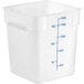 A translucent white plastic Choice food storage container with blue measurements.