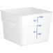 A white Choice polypropylene food storage container with measurements in blue.