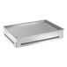 A silver rectangular metal tray with a lid.