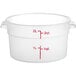 A white translucent Choice Polypropylene food storage container with measurements.