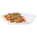 A white Rosseto melamine polygon tray with meat, tomatoes, and olives on it.