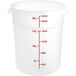 A white plastic Choice round food storage container with red measurements.
