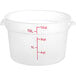 A white translucent Choice polypropylene food storage container with measurements on the side.