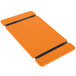 An orange rectangular wood menu board with black rubber band straps.