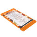 A Menu Solutions wood menu board with black rubber band straps holding a menu card.