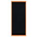 A black board with a wooden frame and orange strips on top and bottom.