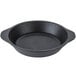 A close-up of a black Libbey mini cast iron pie pan with handles.