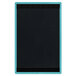 A sky blue wood menu board with top and bottom black strips.