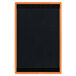 A black wood menu board with orange stripes on the top and bottom.