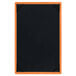 A black wood menu board with orange corners.