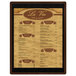 A walnut wood menu board with black text on white paper.