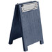 A blue wooden Menu Solutions sandwich menu board with a silver metal clip.