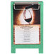 A Menu Solutions washed teal wood sandwich menu board tent with clip on a table.