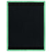 A black wood menu board with a green frame and strips.