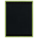 A black wood menu board with a green border and green and yellow rectangles.