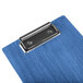 A blue wood Menu Solutions clipboard with a black metal clip.
