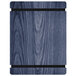 A blue wood menu board with black straps.