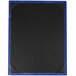 A black rectangular wood menu board with blue corners on a table.