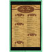 A Washed Teal wood menu board with top and bottom strips holding a menu.