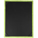 A black wood menu board with green picture corners.