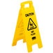 A yellow Rubbermaid "Caution Wet Floor" sign with black text on a white background.