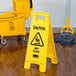 A yellow Rubbermaid "Caution Wet Floor" sign next to mop and buckets.