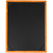 A black rectangular wood menu board with orange corners.