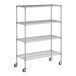 A wireframe of a Regency chrome wire shelving unit with wheels.