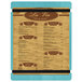 A customizable wood menu board with blue rubber bands holding brown and blue paper menus.