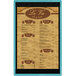 A Menu Solutions wood menu board with a blue frame holding a restaurant menu with white background.