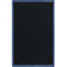 A black and blue rectangular wood menu board with blue picture corners.