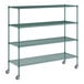 A green wire shelving unit with casters.
