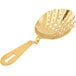 A gold-plated Barfly scalloped julep strainer with holes.
