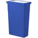 A royal blue spandex rectangular trash can cover on a blue trash can.