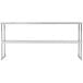 A white rectangular Avantco stainless steel double deck overshelf with metal legs.