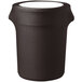 A chocolate spandex cover on a black round trash can.