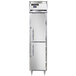 A Continental narrow reach-in refrigerator with half solid doors and silver handles.