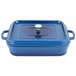 A cobalt blue rectangular pan with a lid.