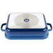 A blue and white enamel coated cast aluminum roasting pan with a lid.