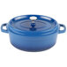 A cobalt blue oval Dutch oven with a lid.