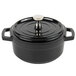 A black enamel coated cast aluminum bistro pot with a lid.