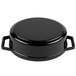 A black enamel coated cast aluminum oval pot with a lid and handles.