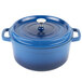 A cobalt blue GET Heiss round Dutch oven with lid.