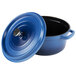 A cobalt blue GET Heiss round dutch oven with a lid.